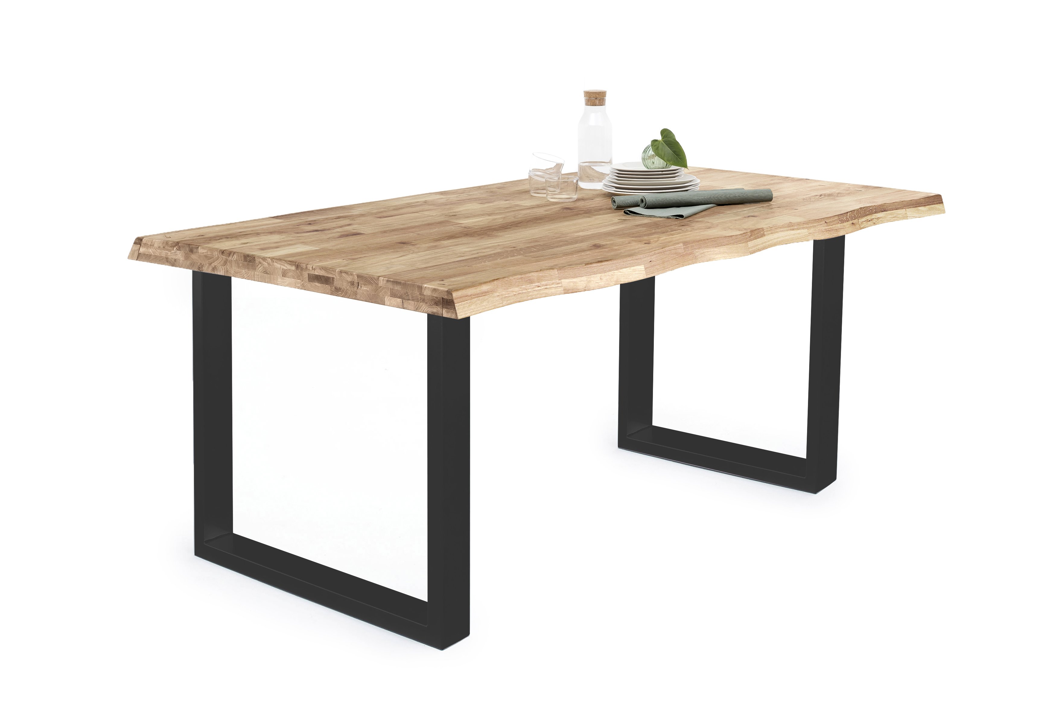 Elfo Möbel Esstisch Eiche geölt Durchg. Lamelle mit Baumkante , Gestell: U-Fuß Schwarz , 200 x 100 cm , Walton S1002520 + S3000TUS