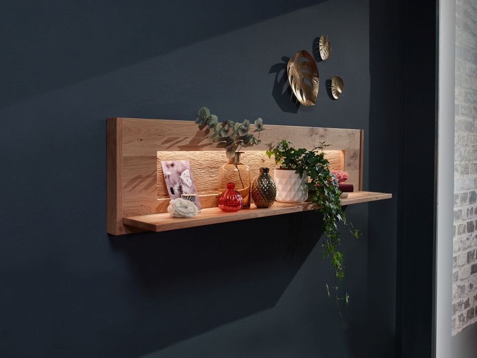 Wandboard II Emma - Wildeiche massiv - mit Ablage, inkl. LED Beleuchtung warmweiß, mit Schalter und Zuleitung
