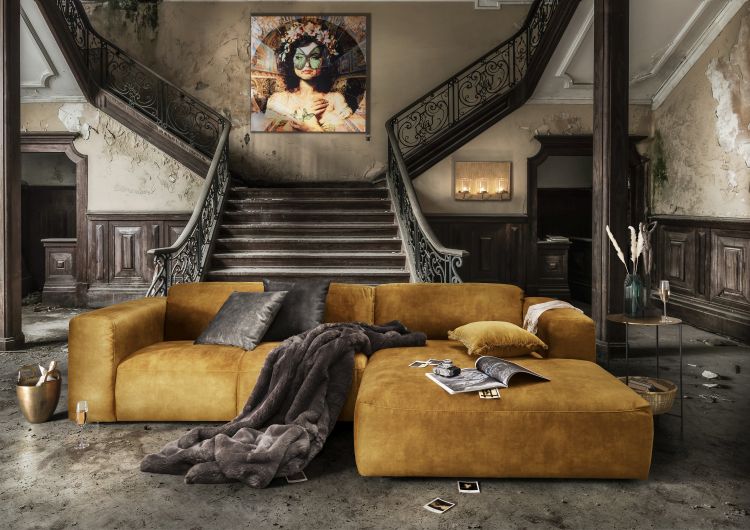 Sofa 2-Sitzer mit Longchair inkl Kissen - Klier.Concept-No02 - Stoff gold 298 x 170 cm - AUSSTELLUNGSSTÜCK